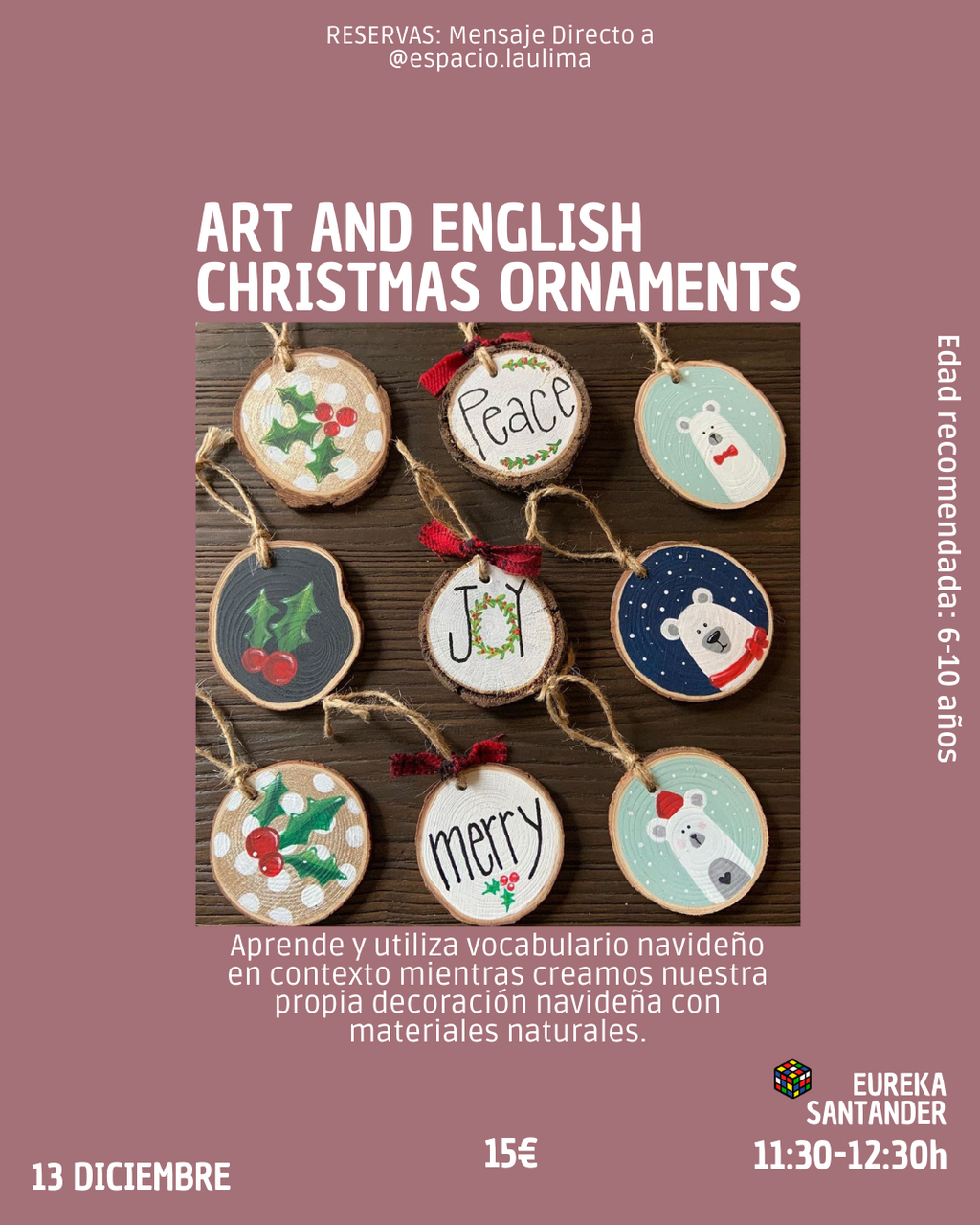 "Christmas Wood Slice Ornaments", taller infantil creativo en inglés